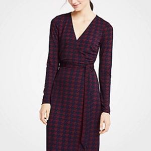 New with tags. Ann Taylor navy blue and burgundy houndstooth pattern wrap dress